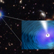 An illustration of a black hole on top of data of distant galaxies (Image: X-ray: NASA/CXC/Penn. State/G. Yang et al & NASA/CXC/ICE/M. Mezcua et al.; Optical: NASA/STScI; Illustration: NASA/CXC/A. Jubett)